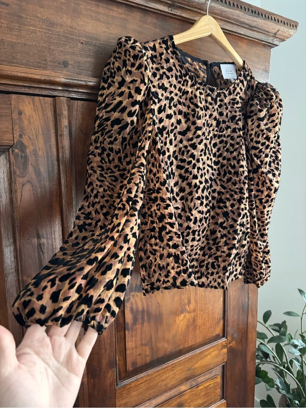JOA Velvet Burnout Blouse Sheer Animal Print Puff Sleeves Size M - Picture 3 of 11